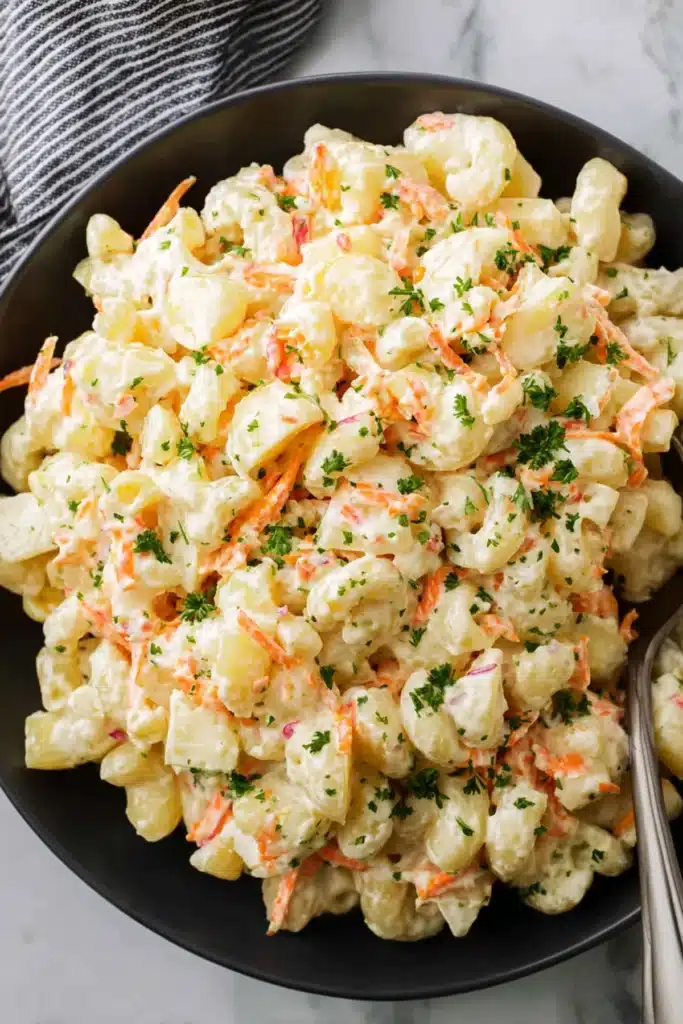 Creamy Hawaiian potato mac salad with shredded carrots, potatoes, and herbs in a black bowl on marble background