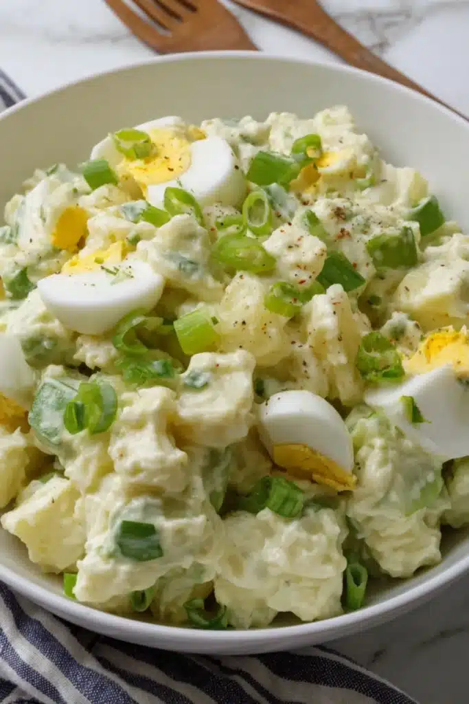 Classic Hellmann’s potato salad with boiled eggs, green onions, and creamy dressing served in a white bowl