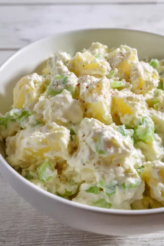 Creamy Hellmann’s potato salad with tender chunks of potato, green celery, and a mayo dressing in a white serving bowl