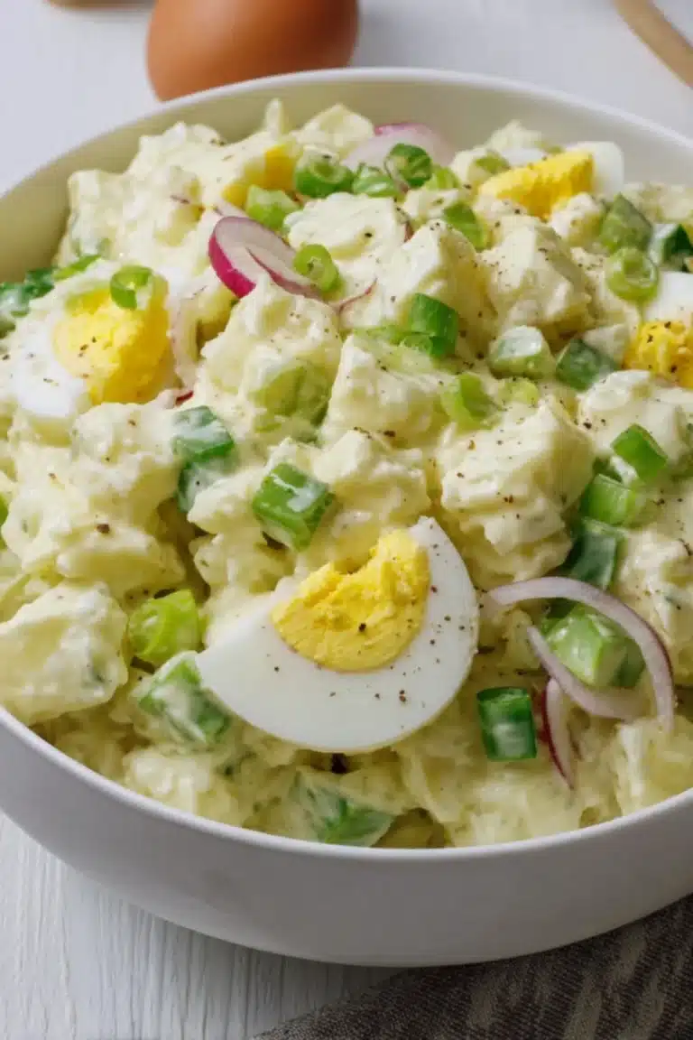 Creamy Hellmann’s potato salad with chopped green onions, sliced boiled eggs, and red onions in a white bowl