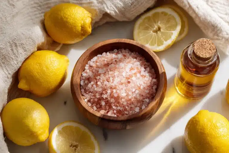 A top-down view of a wooden bowl filled with Himalayan pink salt, surrounded by lemons, sliced citrus, and a bottle of honey