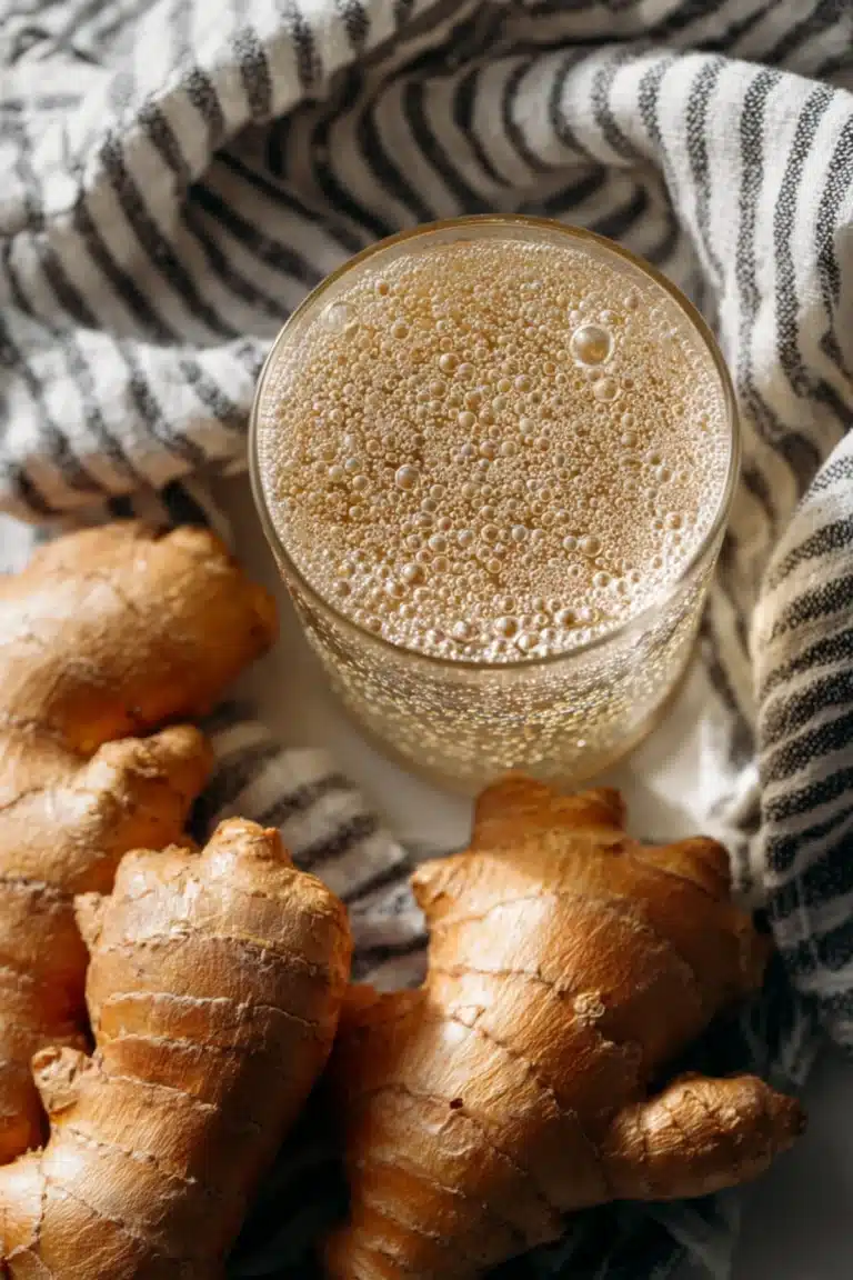 Bubbly homemade ginger bug drink with fresh ginger roots on a striped cloth.