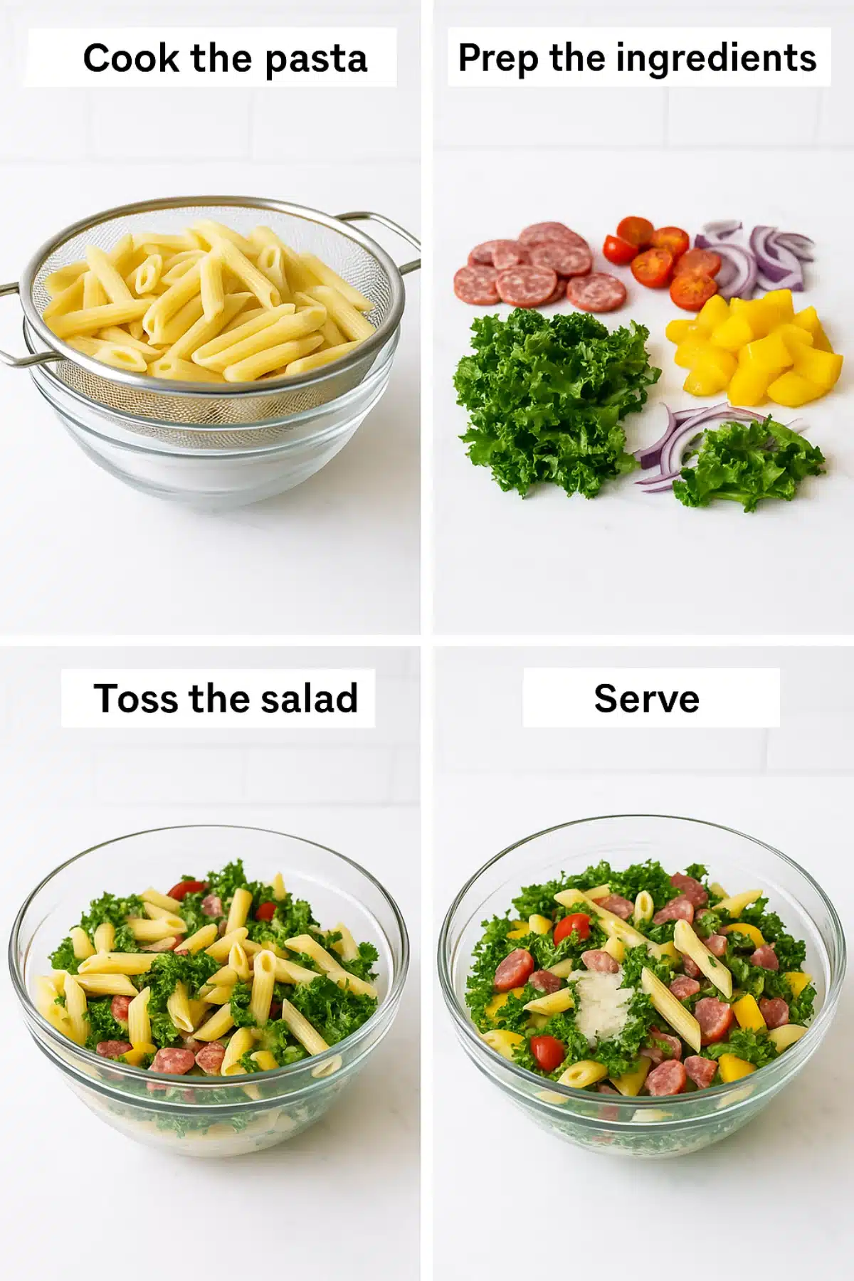 Step-by-step kale pasta salad recipe showing cooking pasta, prepping ingredients, tossing, and serving in glass bowls