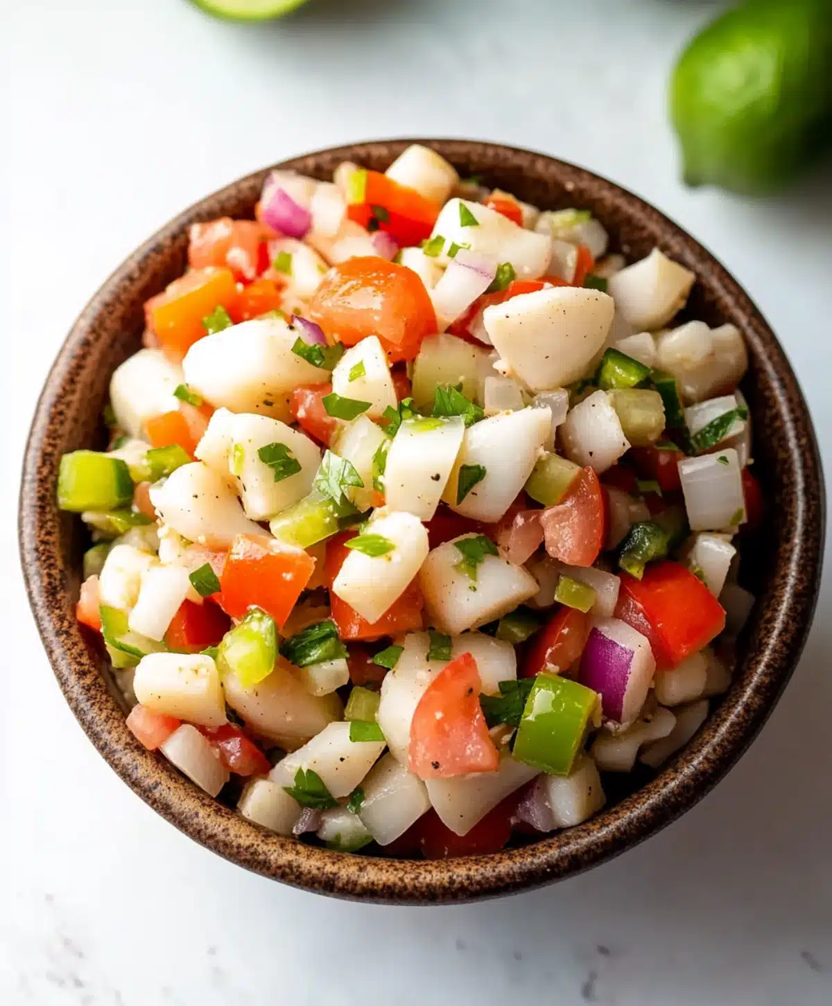 Colorful conch salad with diced tomatoes, onions, peppers, and herbs in a rustic bowl, fresh and packed with island flavor