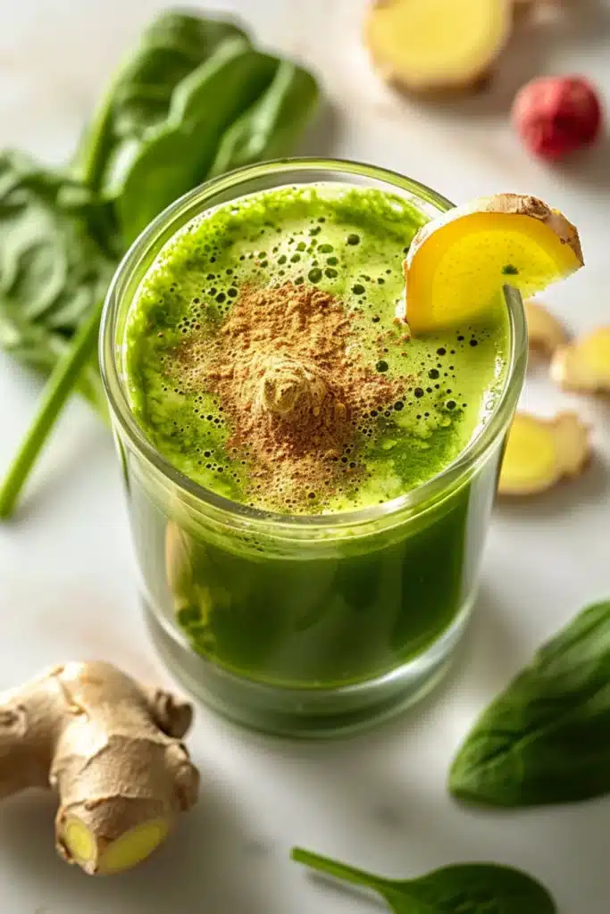 Refreshing Japanese Mounjaro drink with vibrant matcha tea, ginger slice garnish, and fresh spinach leaves on a white surface