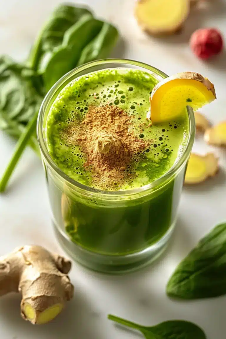 Refreshing Japanese Mounjaro drink with vibrant matcha tea, ginger slice garnish, and fresh spinach leaves on a white surface