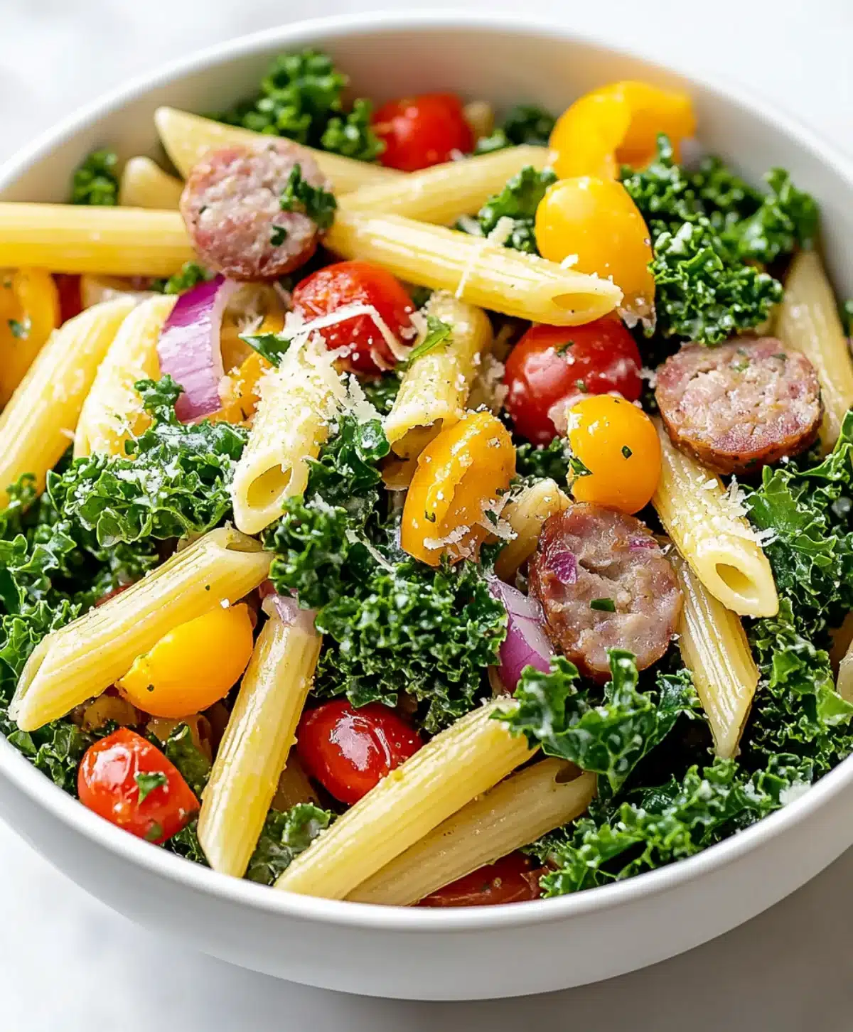 Kale pasta salad with penne, yellow and red cherry tomatoes, red onions, sausage slices, and grated parmesan