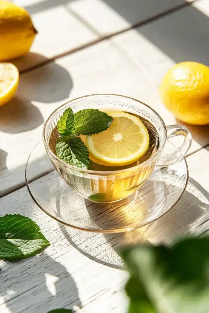 This stunning photo showcases a warm cup of Korean lemon balm tea with fresh lemon slices and herbs, beautifully styled on a rustic wooden table bathed in natural light. A soothing visual that complements any tea recipe post.
