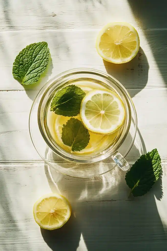 Refreshing Korean lemon balm tea in a clear cup with lemon slices and mint leaves on a sunlit rustic wooden table