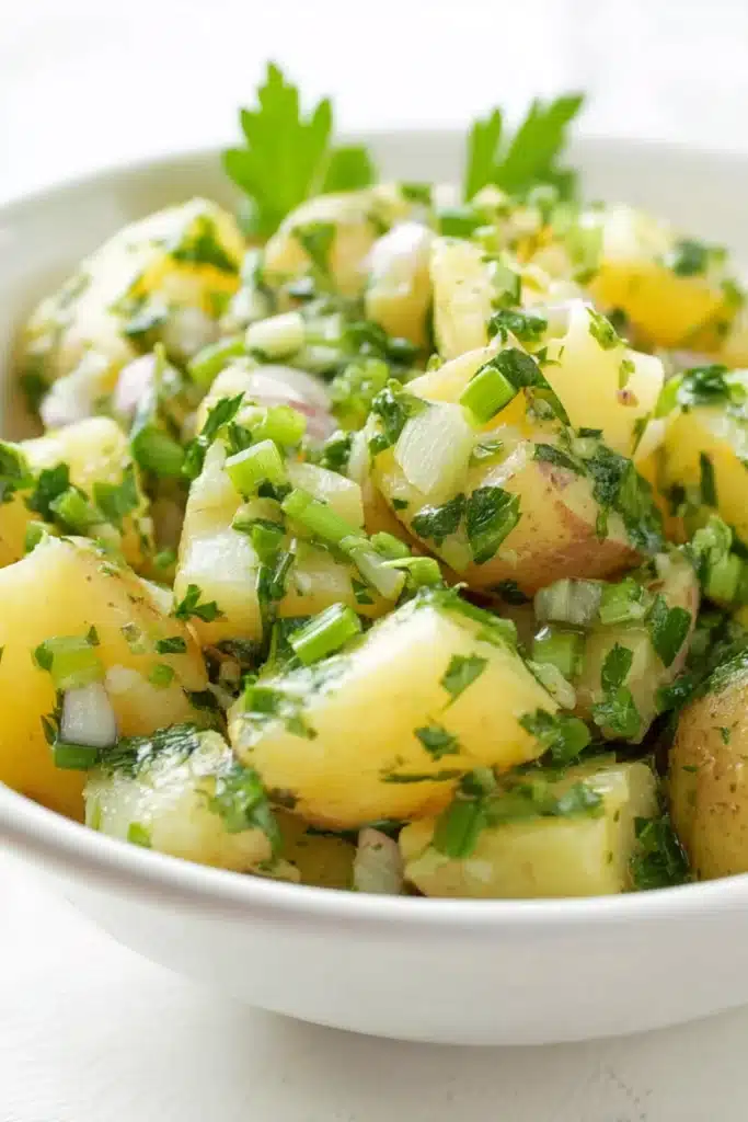 Close-up shot of Lebanese potato salad with fresh parsley, onions, and green onions in a white bowl

