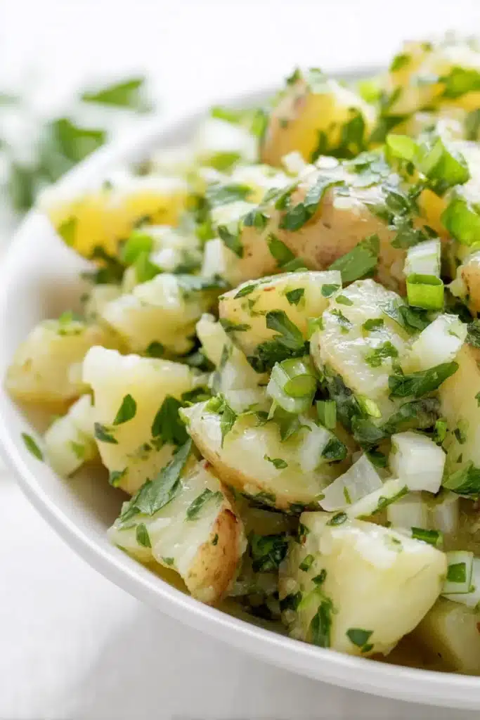 Close-up view of Lebanese potato salad with parsley, green onions, and olive oil in a white bowl


