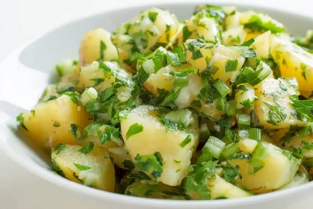 Lebanese potato salad with parsley, green onions, olive oil, and lemon juice served in a white bowl