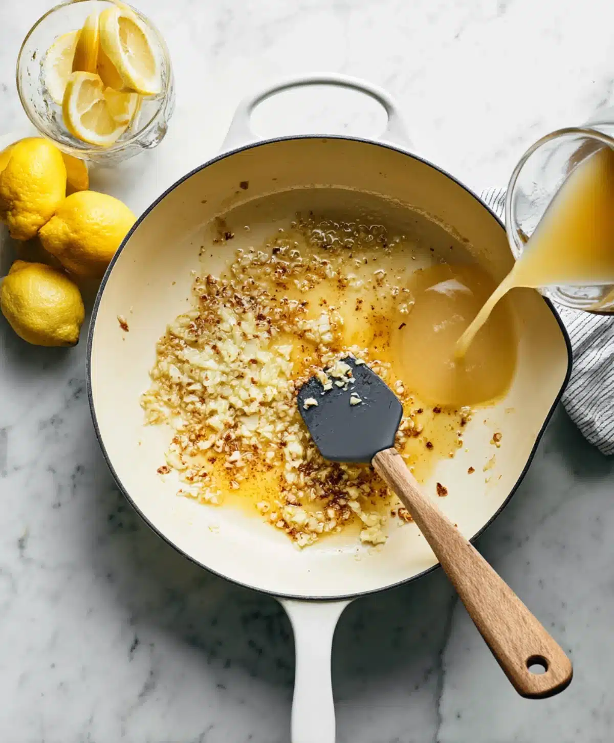 Chopped garlic sautéing in a white skillet with lemon juice and broth being poured in for lemon pepper chicken recipe.