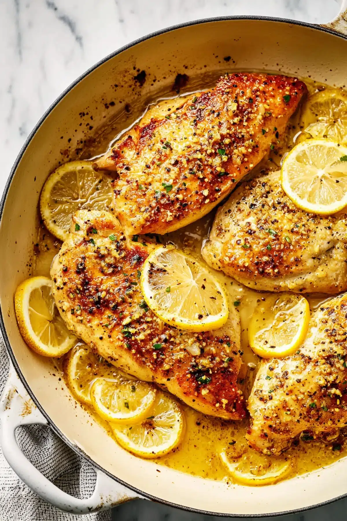 Juicy lemon pepper chicken breasts topped with lemon slices and garlic, simmered in a zesty buttery sauce in a white skillet.