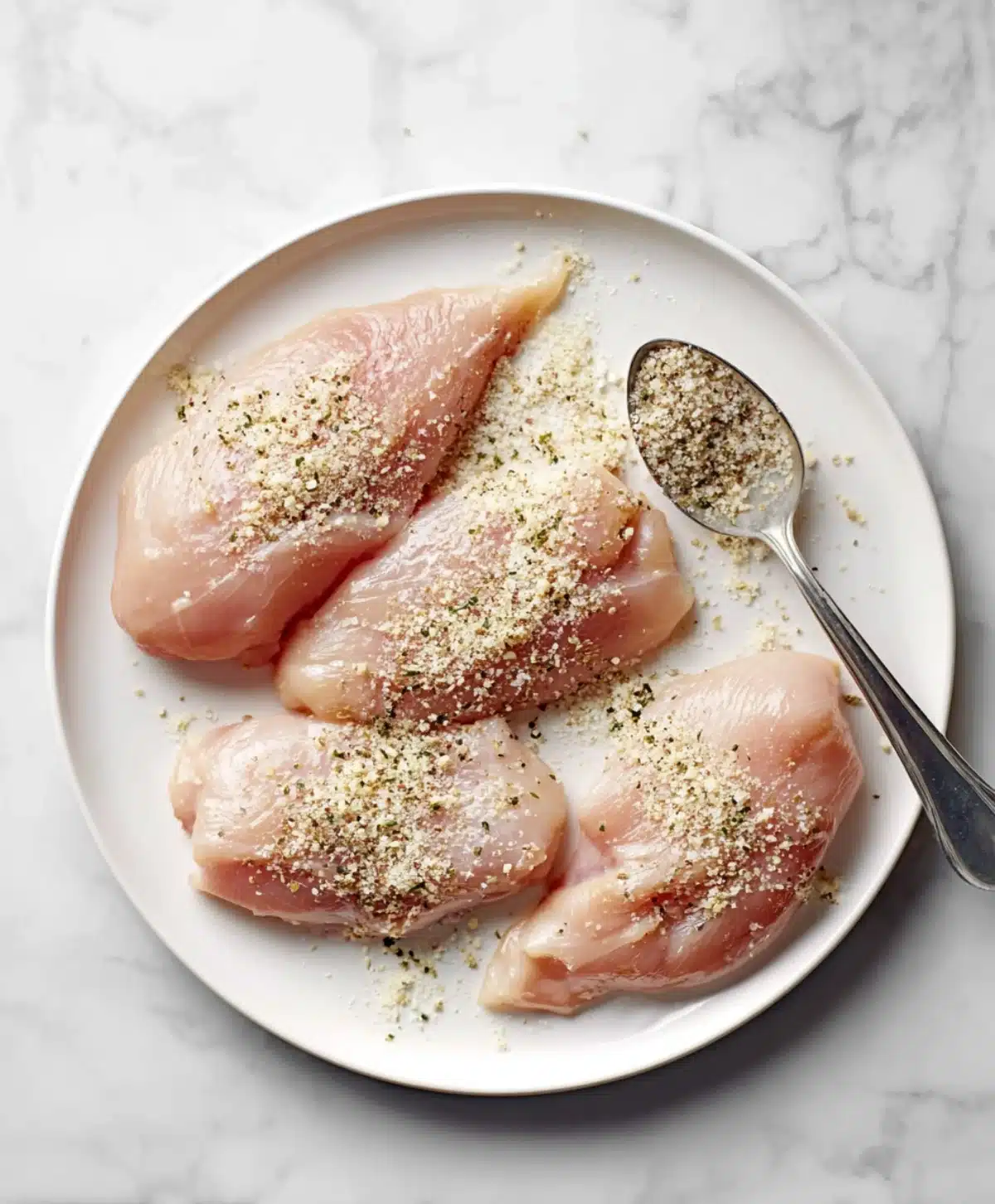 Raw chicken breasts on a white plate being seasoned with a spoonful of lemon pepper spice blend before cooking.
