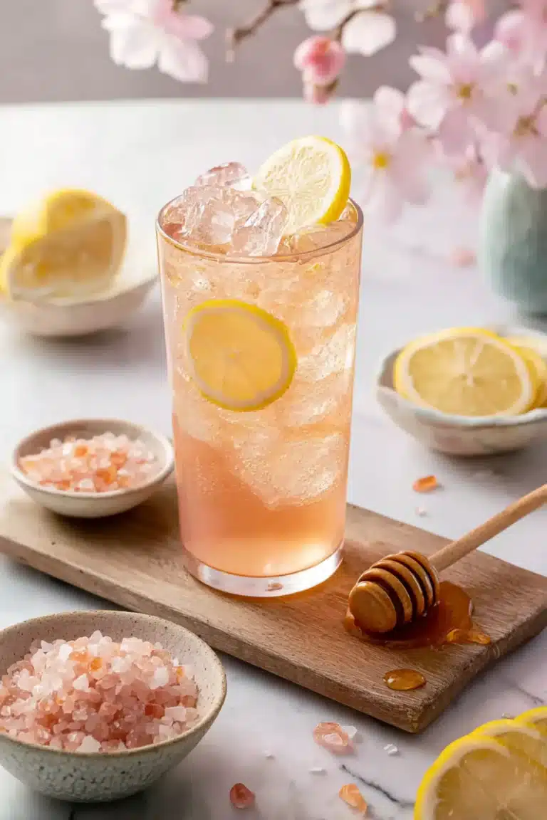 Tall pink detox drink with lemon slices, pink Himalayan salt, and honey on a wooden board with spring flowers in background