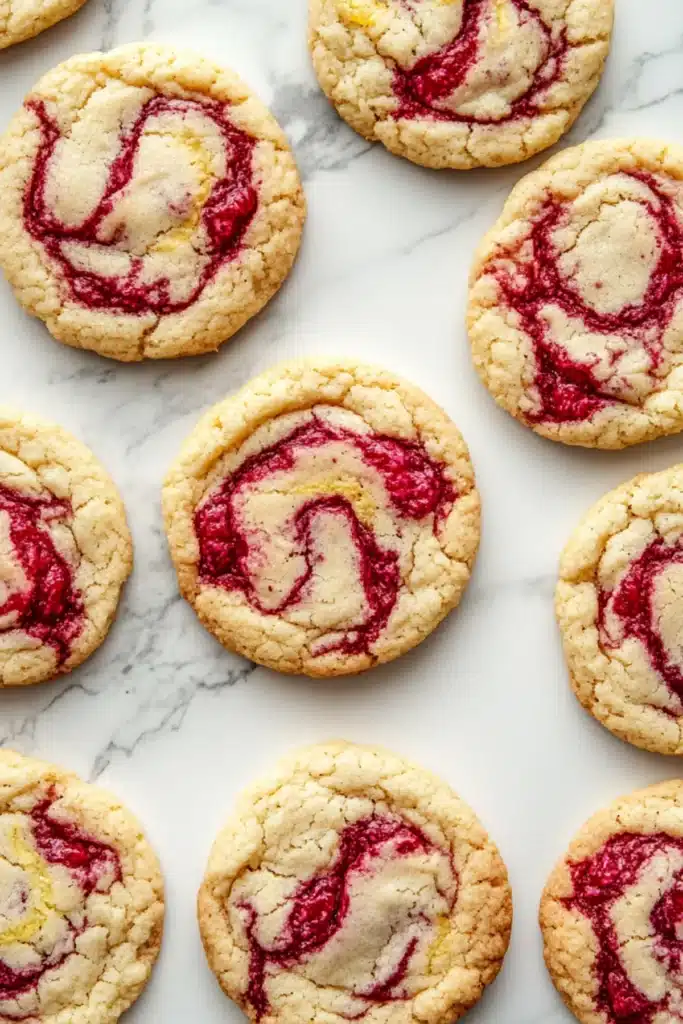 Lemon raspberry cookies neatly arranged on marble, showing vibrant raspberry swirls and soft golden-brown cookie edges