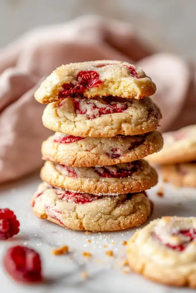 Stack of lemon raspberry cookies with vibrant raspberry swirls and sugar sprinkles on marble with soft background