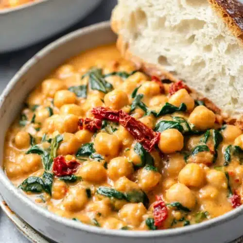 Bowl of creamy chickpeas with spinach, sun-dried tomatoes, and crusty bread served on the side