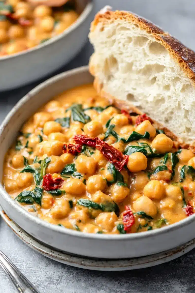 Bowl of creamy chickpeas with spinach, sun-dried tomatoes, and crusty bread served on the side