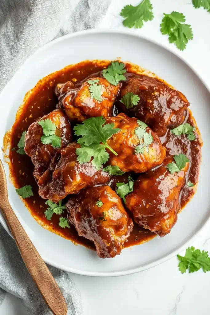 Braised chicken thighs coated in rich adobo sauce and topped with fresh cilantro for a bold, savory Mexican dinner