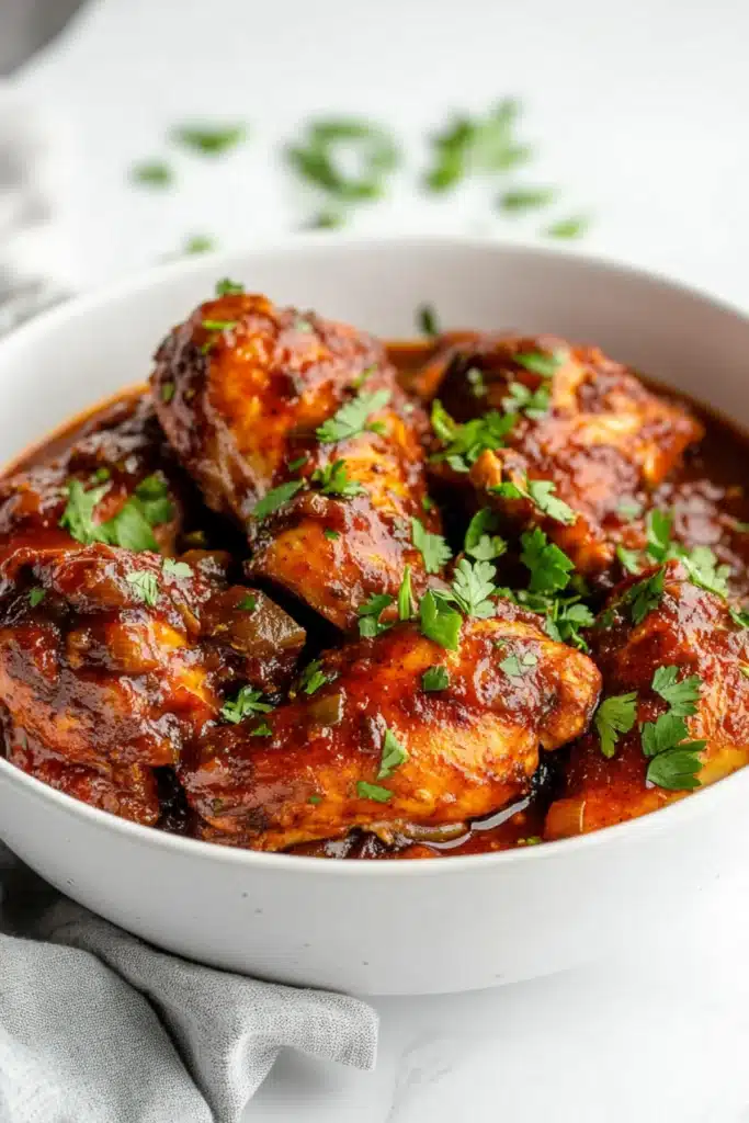 Tender chicken simmered in rich, smoky adobo sauce topped with fresh herbs for a bold and comforting Mexican-style meal