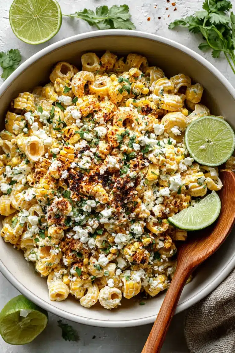 Creamy Mexican street corn pasta salad with cotija cheese, lime, and fresh cilantro in a white bowl.
