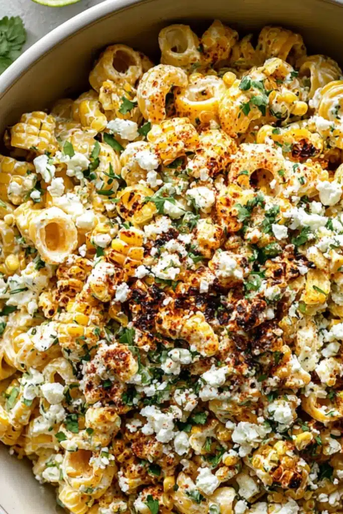 Close-up of Mexican street corn pasta salad with grilled corn, cotija cheese, and fresh cilantro.