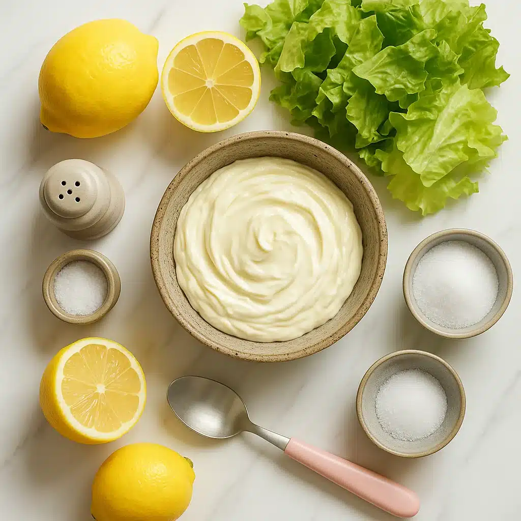 Fresh lettuce, creamy dressing, lemons, and seasonings on a white counter ready for Miracle Salad prep