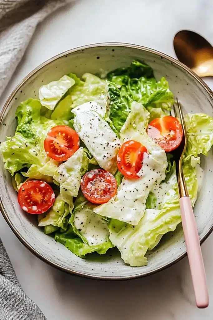 Miracle Salad with crisp romaine, cherry tomatoes, and creamy dressing, topped with cracked black pepper