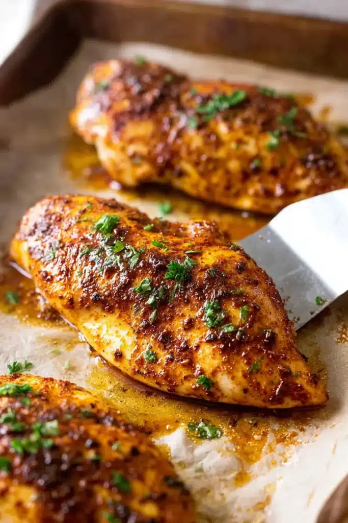 Juicy oven-baked chicken breasts seasoned with spices and garnished with herbs on a parchment-lined baking sheet.
