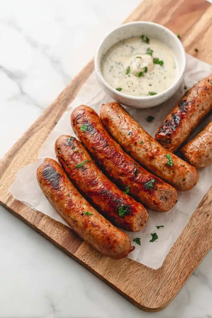 Juicy grilled sausages on a wooden board with creamy dipping sauce and fresh herbs.