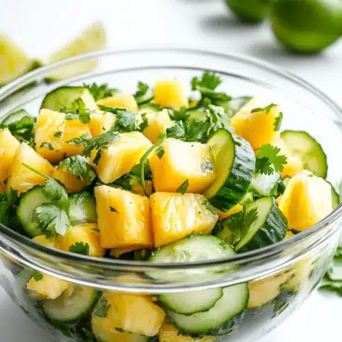 Chopped pineapple and cucumber salad with fresh cilantro served in a glass bowl on a white surface