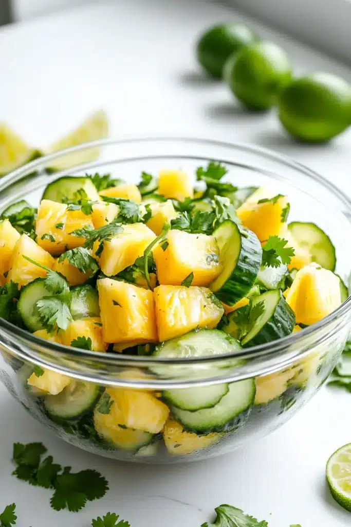 Chopped pineapple and cucumber salad with fresh cilantro served in a glass bowl on a white surface
