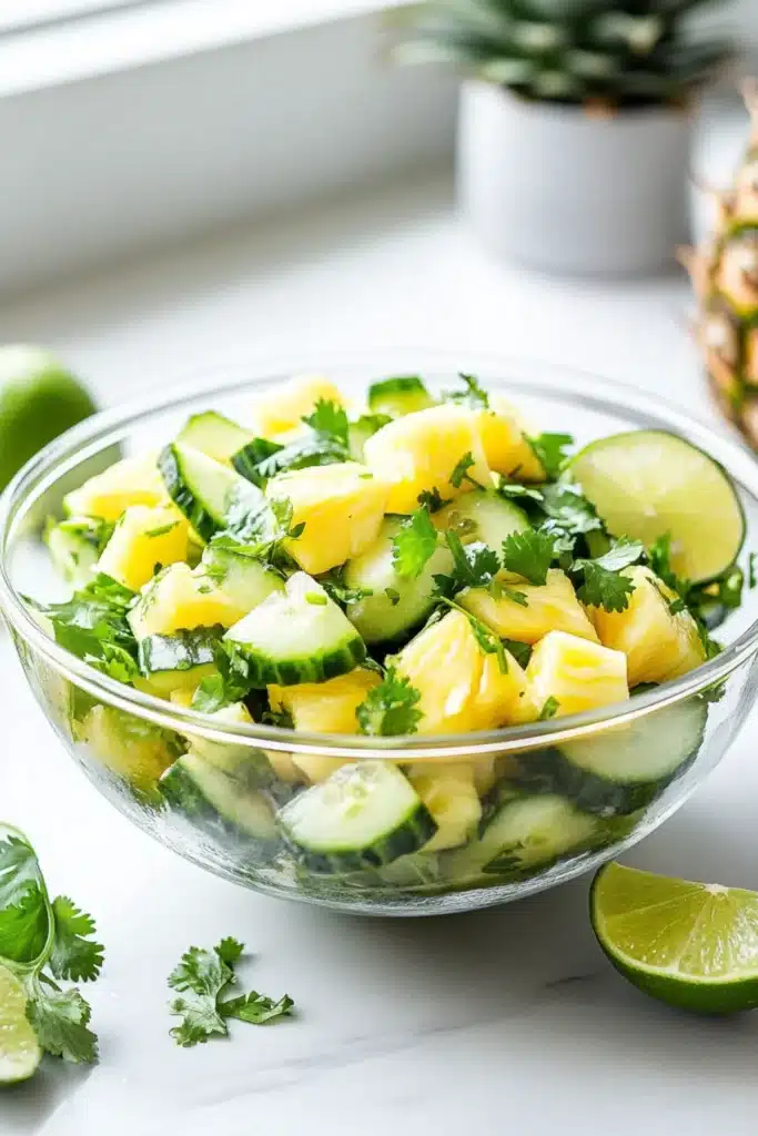 Fresh pineapple cucumber salad with lime and cilantro in a glass bowl on a white kitchen counter