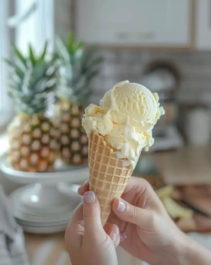 Hand holding a cone of pineapple ice cream in a sunlit kitchen with pineapples in the background.