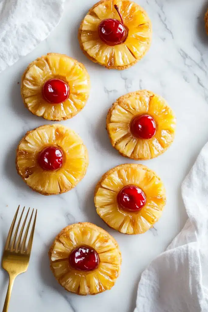 Six pineapple upside-down cookies with cherries placed on white marble surface next to gold fork and white napkin
