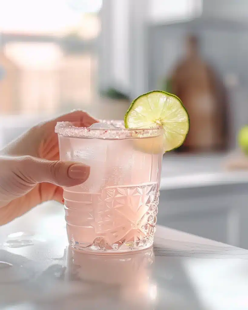 Woman holding a glass of pink salt Monjaro drink with lime and pink salt rim in a kitchen with soft morning light