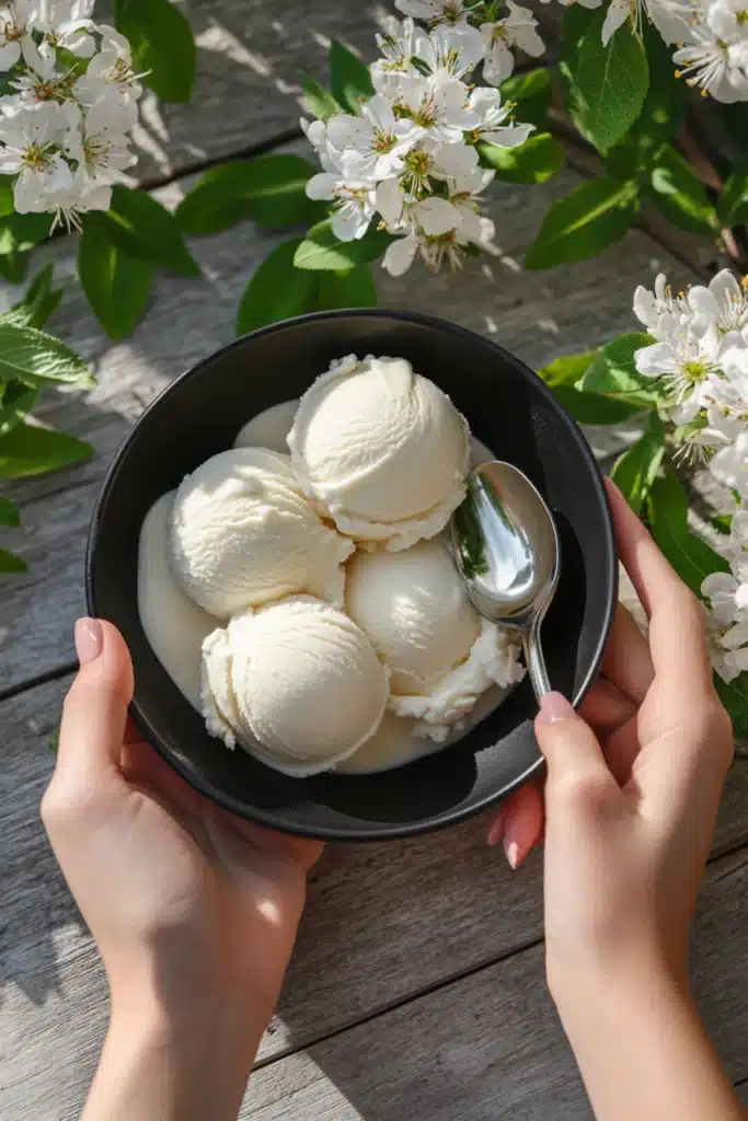 Four scoops of pinon ice cream held in a black bowl with spoon, surrounded by white spring flowers on a rustic wood table