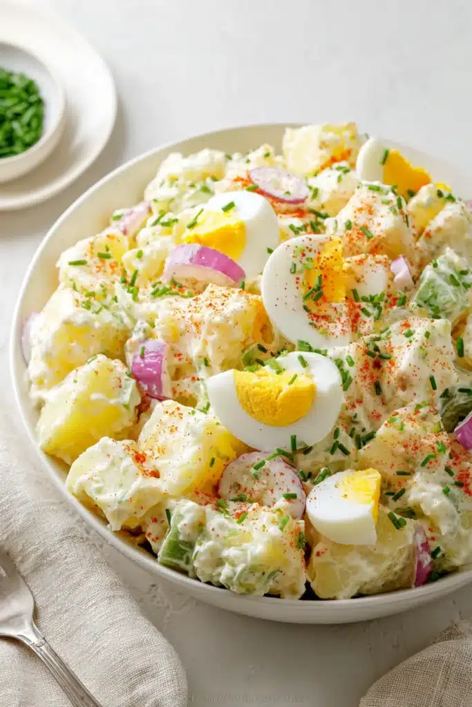Creamy gluten-free potato salad with sliced hard-boiled eggs, red onions, and chives sprinkled with paprika in a white bowl

