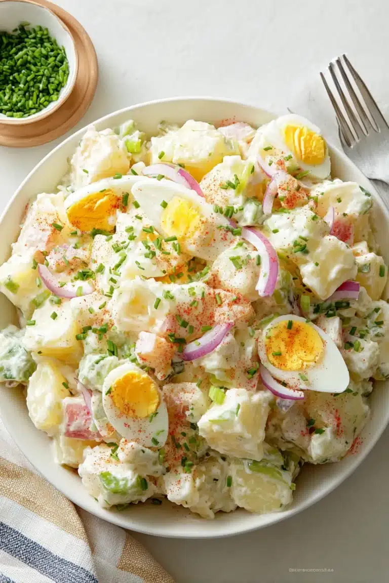 Creamy gluten-free potato salad topped with hard-boiled eggs, red onions, chives, and paprika in a white serving bowl