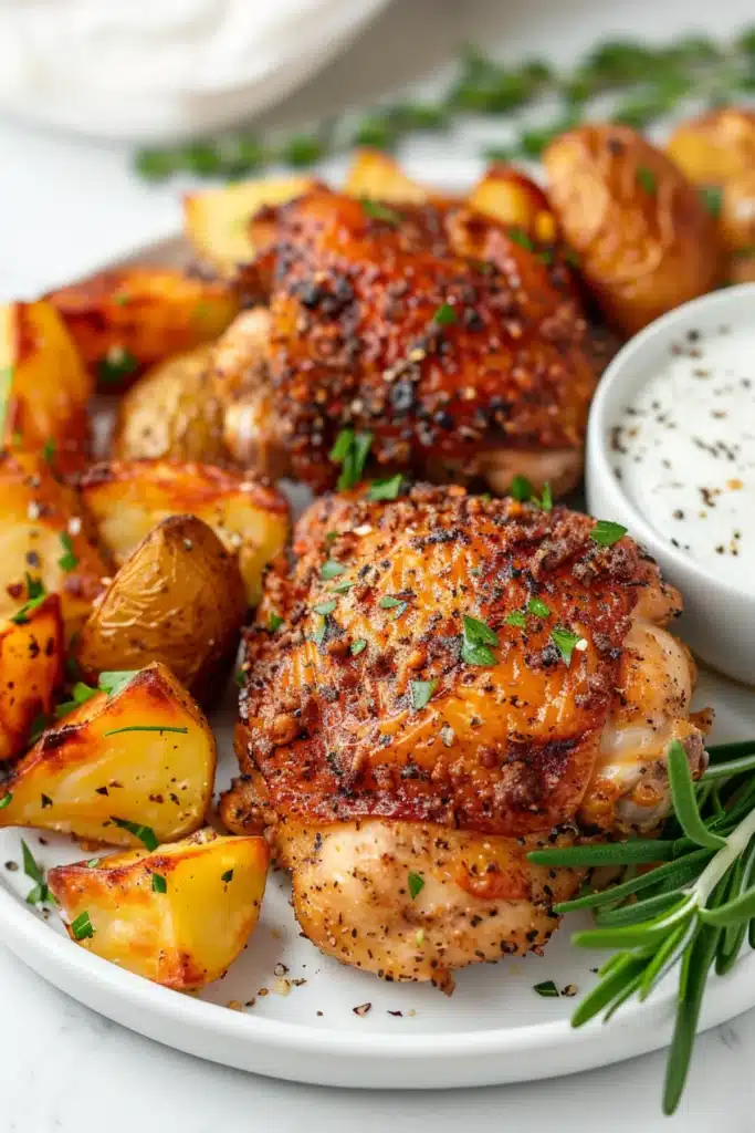 Crispy ranch-seasoned chicken thighs with roasted potatoes and creamy dip, garnished with herbs on a white plate