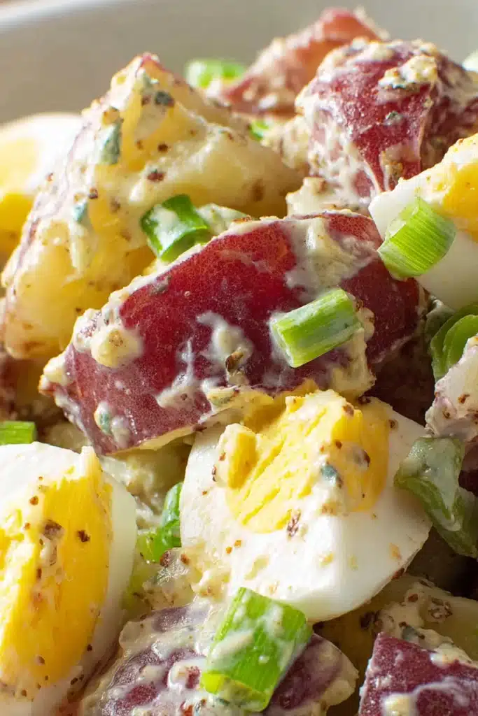 Close-up of Red Hot and Blue potato salad with red potatoes, boiled egg slices, creamy mustard dressing, and green onions