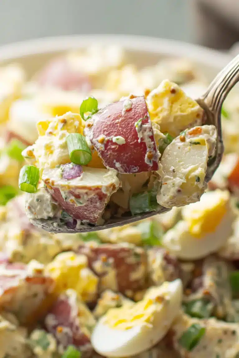 Spoonful of Red Hot and Blue potato salad with red potatoes, mustard dressing, boiled eggs, and green onions