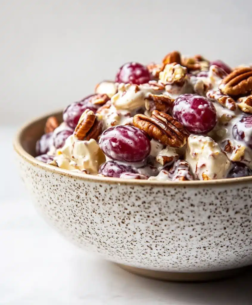 Side view of creamy grape salad with toasted pecans in a rustic ceramic bowl on a clean white surface