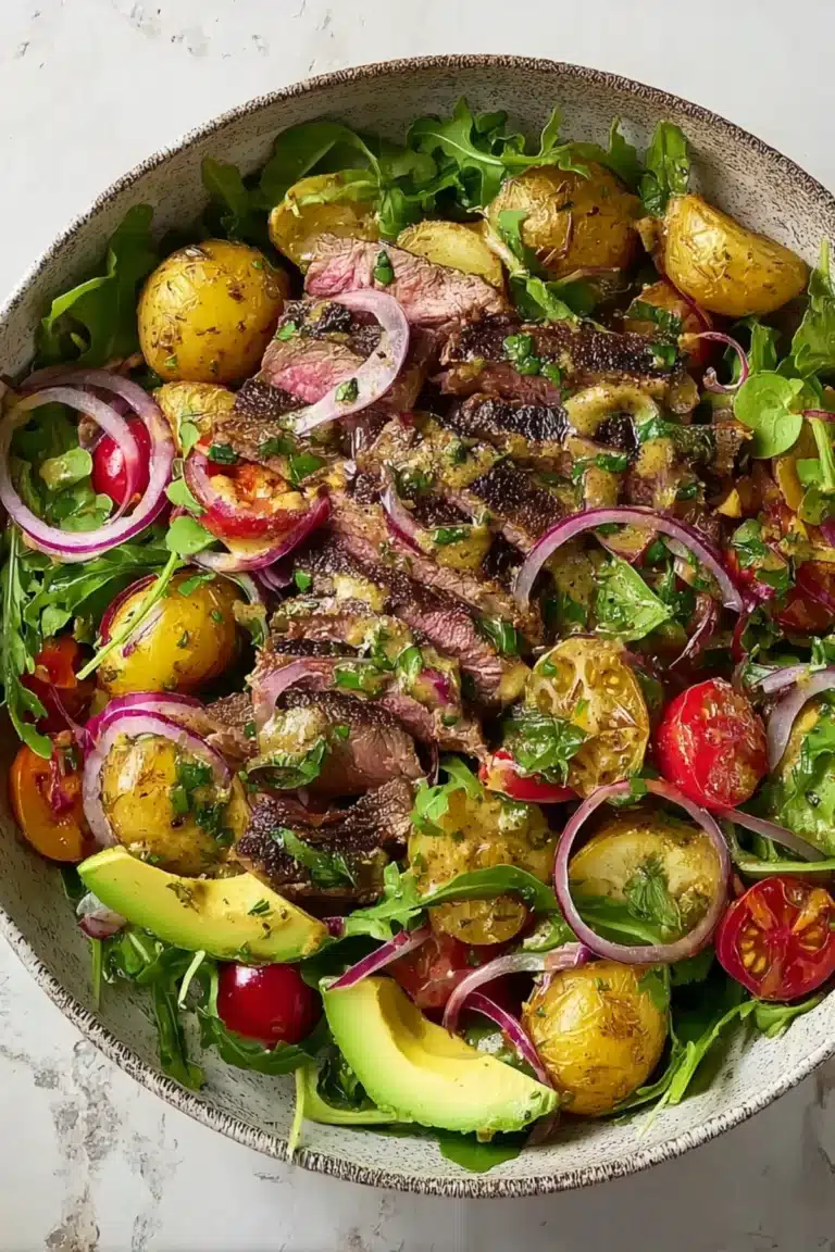 Sliced grilled steak with baby potatoes, avocado, and cherry tomatoes over fresh arugula in a rustic salad bowl