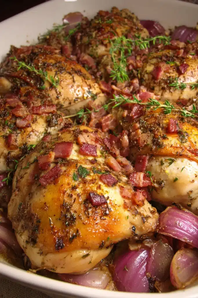 Baked chicken thighs with golden skin, crispy bacon bits, caramelized red onions, and fresh thyme in a white casserole dish