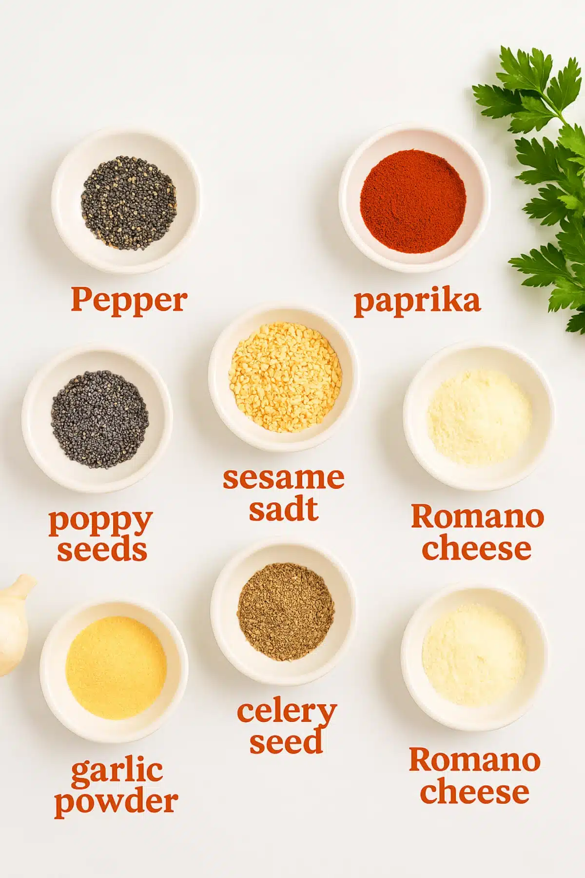 Ingredients for Salad Supreme seasoning including paprika, sesame, poppy seeds, garlic powder, and Romano cheese.