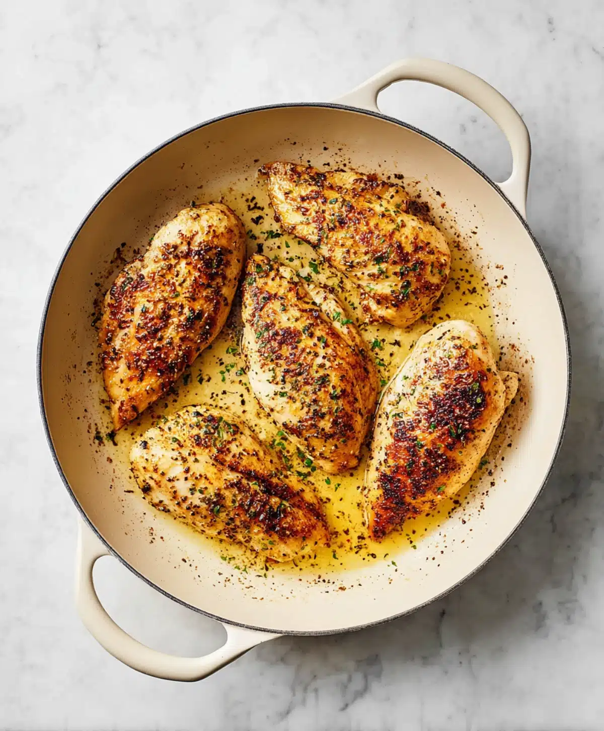 Golden seared lemon pepper chicken breasts simmering in a bright lemon butter sauce inside a white enameled skillet.