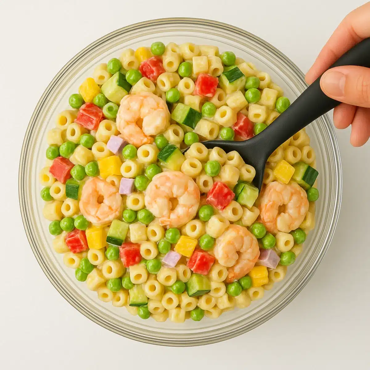 Top view of ditalini pasta salad with shrimp, peas, and colorful diced vegetables in a clear bowl.